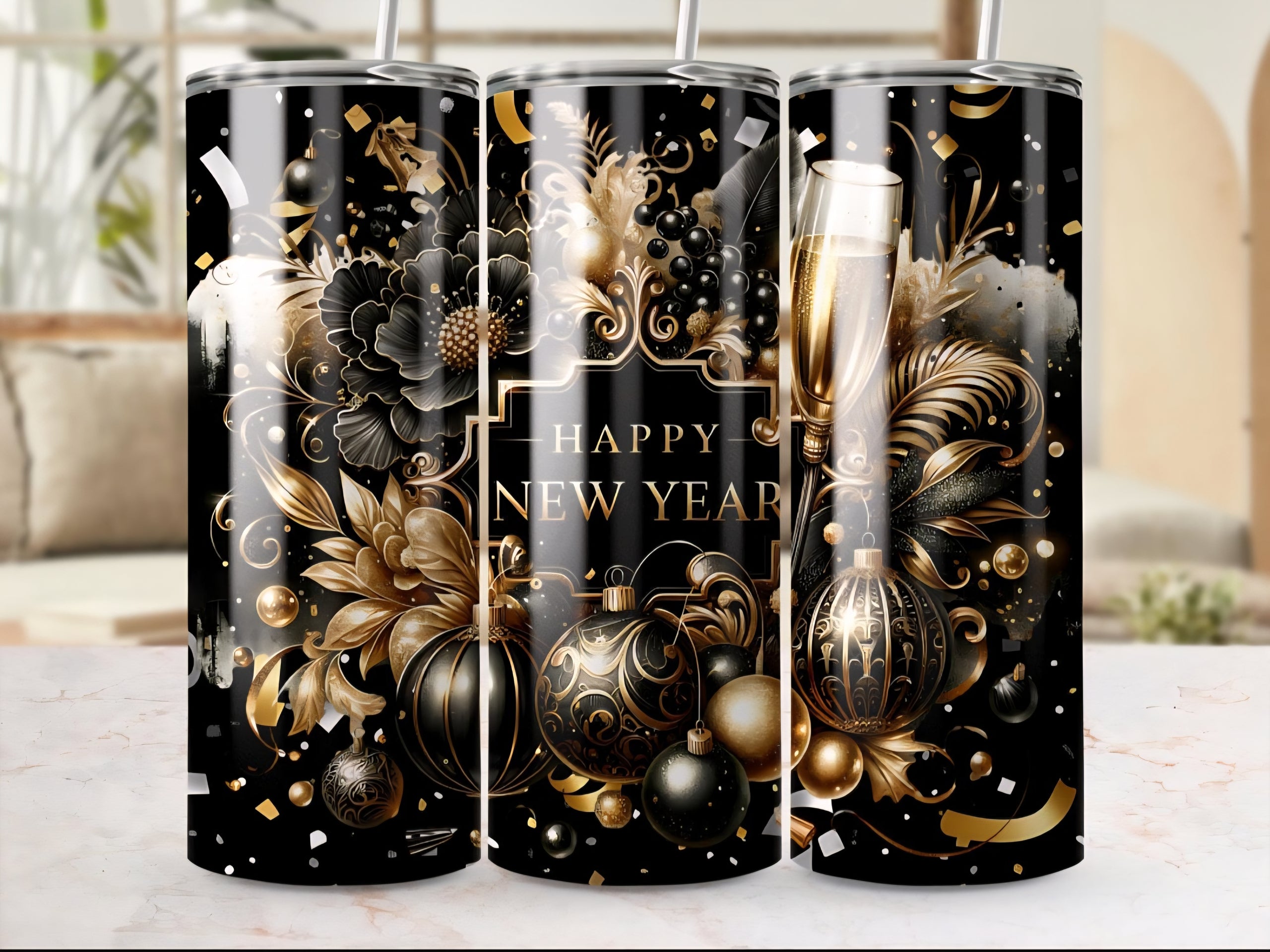 Black and gold Happy New Year tumbler