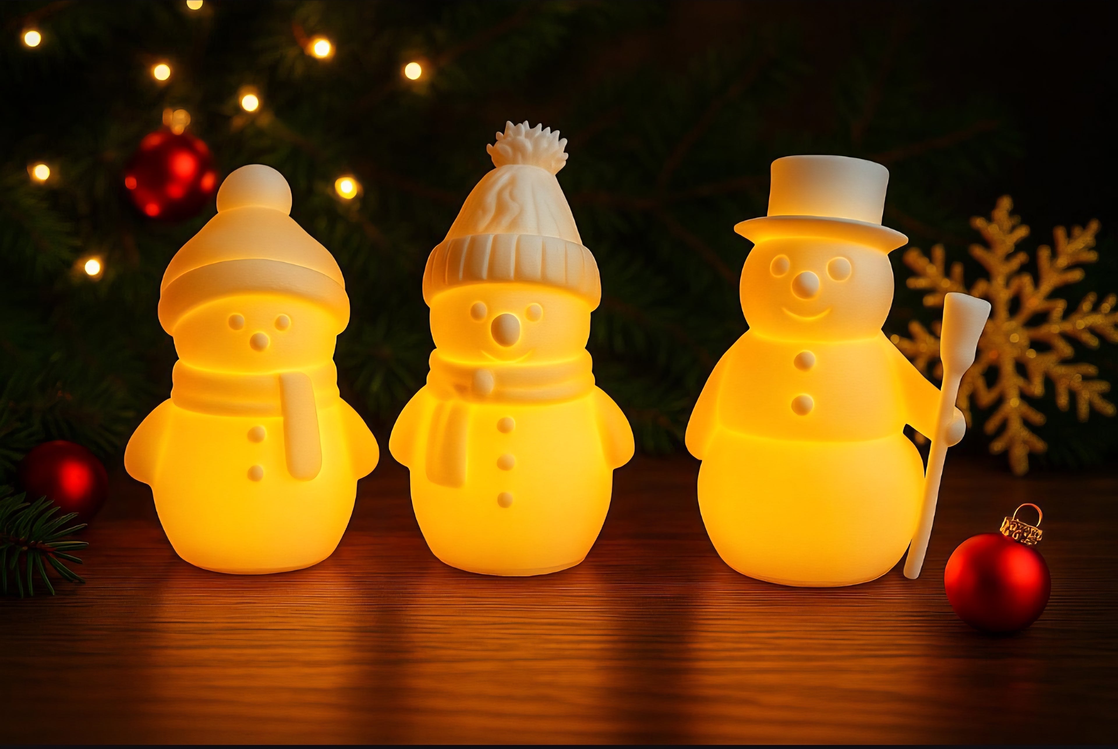 3 snowmen with tea lights